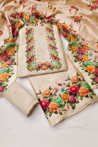 Cream Vichitra Silk With Floral Printed Unstitched Dress Material