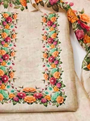 cream vichitra silk with floral printed unstitched dress material 2