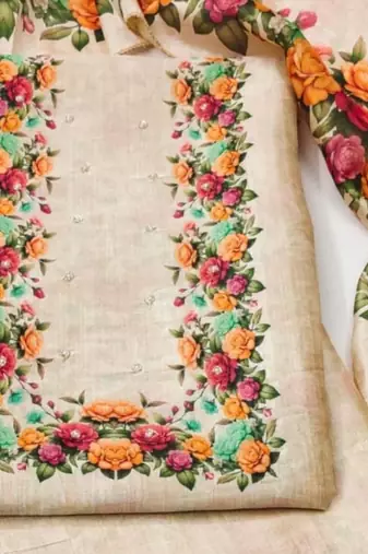 Cream Vichitra Silk With Floral Printed Unstitched Dress Material