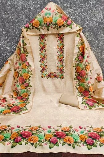 Cream Vichitra Silk With Floral Printed Unstitched Dress Material
