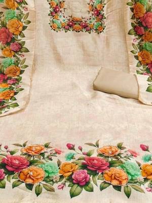 cream vichitra silk with floral printed unstitched dress material 4