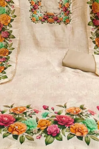 Cream Vichitra Silk With Floral Printed Unstitched Dress Material