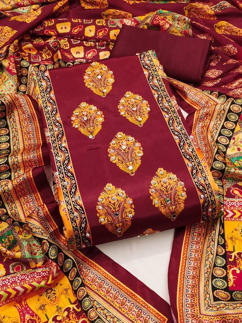 Women Maroon Printed Geometric Dress Material