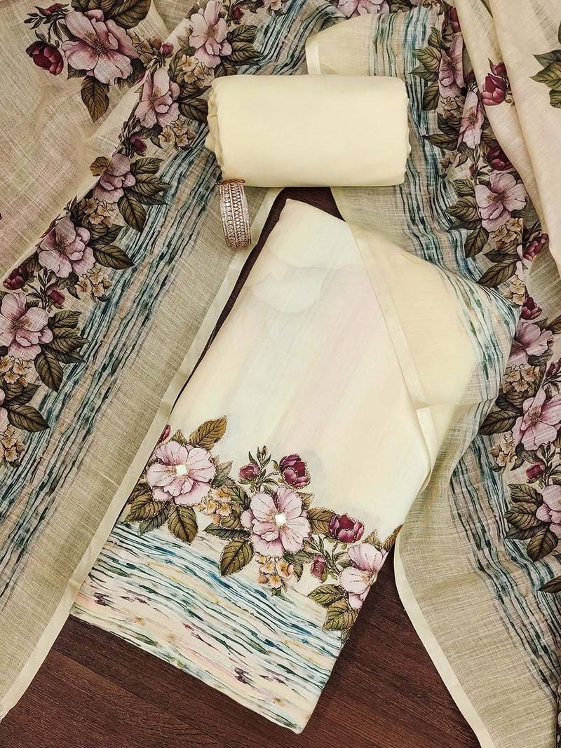 Printed Linen Semi-Stitched Dress Material