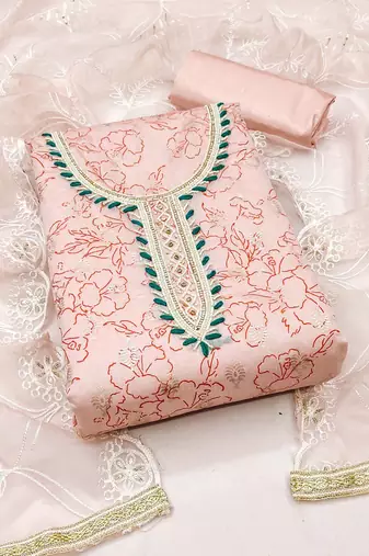 Floral Printed Beads and Stones Unstitched Dress Material