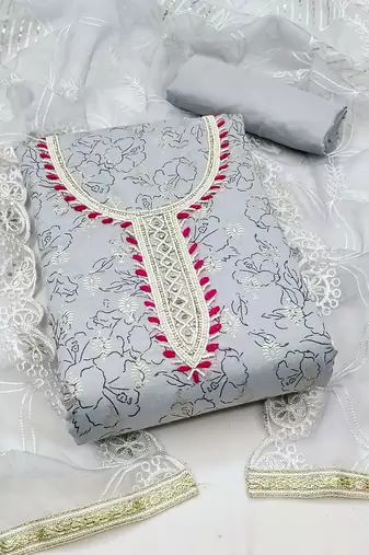 Floral Printed Thread Work Unstitched Dress Material