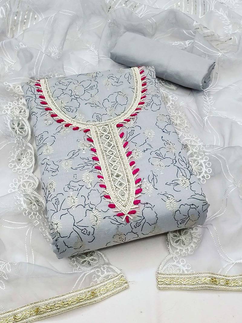 Floral Printed Thread Work Unstitched Dress Material