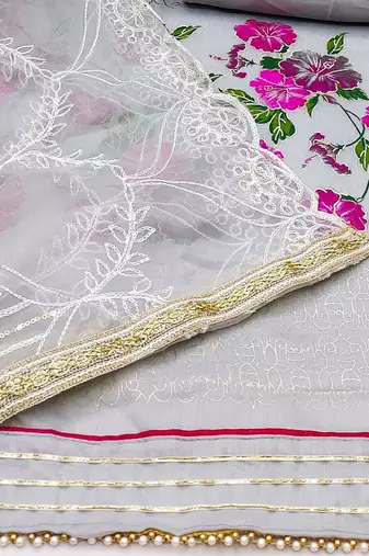 Floral Printed Thread Work Unstitched Dress Material