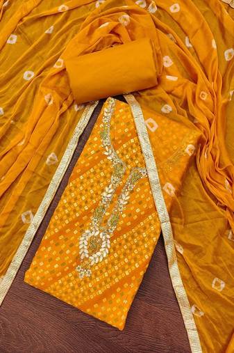 Cotton Blend Yellow Embellished Dress Material