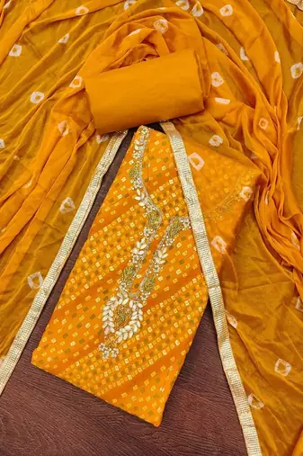 Cotton Blend Yellow Embellished Dress Material