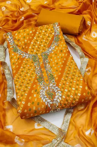 Cotton Blend Yellow Embellished Dress Material