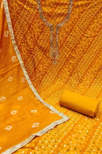 Cotton Blend Yellow Embellished Dress Material