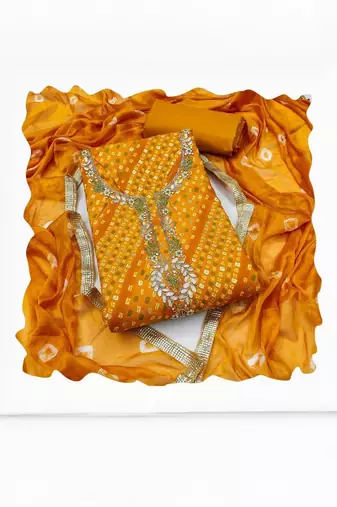 Cotton Blend Yellow Embellished Dress Material