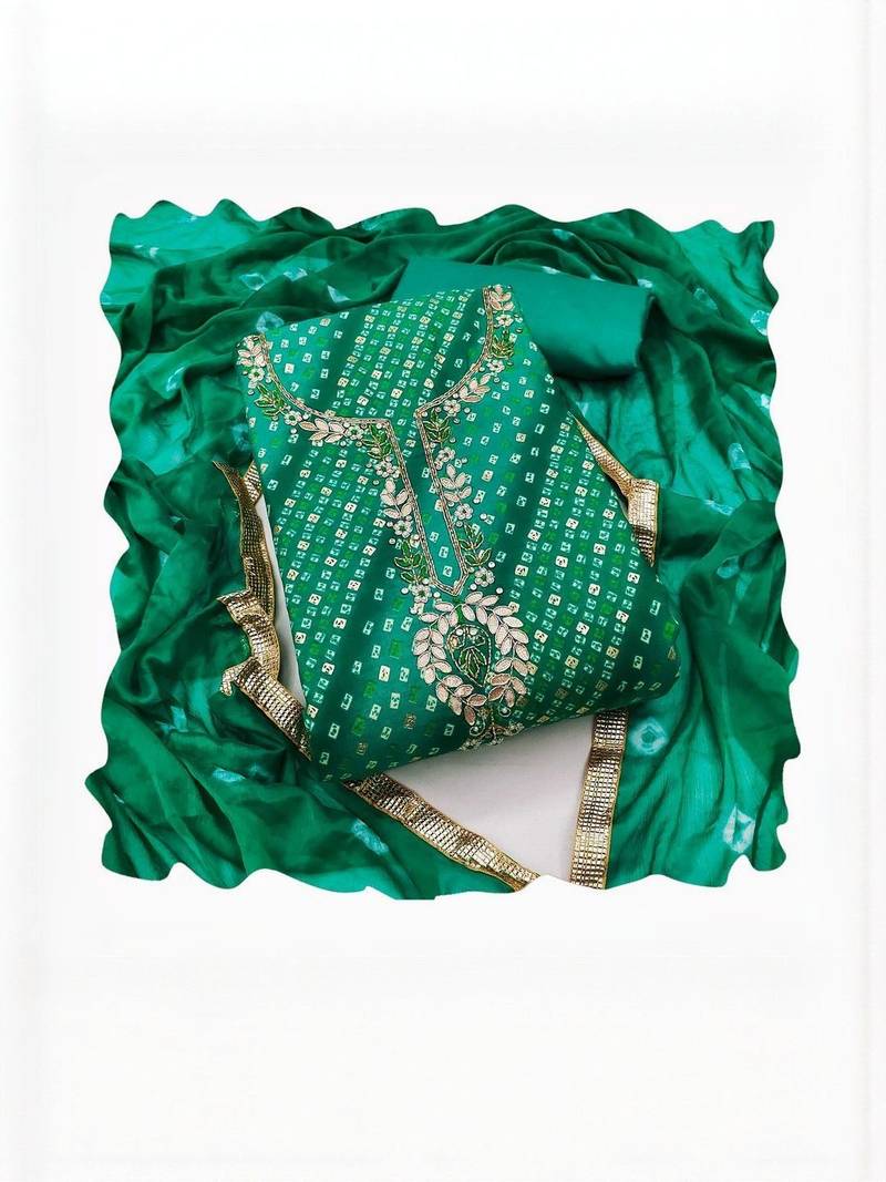 Women Green Embellished Cotton Blend Dress Material