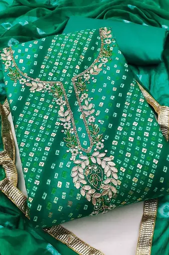 Women Green Embellished Cotton Blend Dress Material