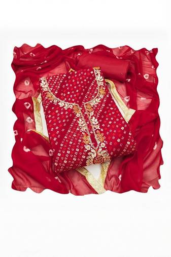 cotton blend red embellished dress material