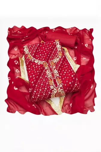 Cotton Blend Red Embellished Dress Material