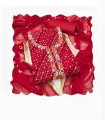 Cotton Blend Red Embellished Dress Material