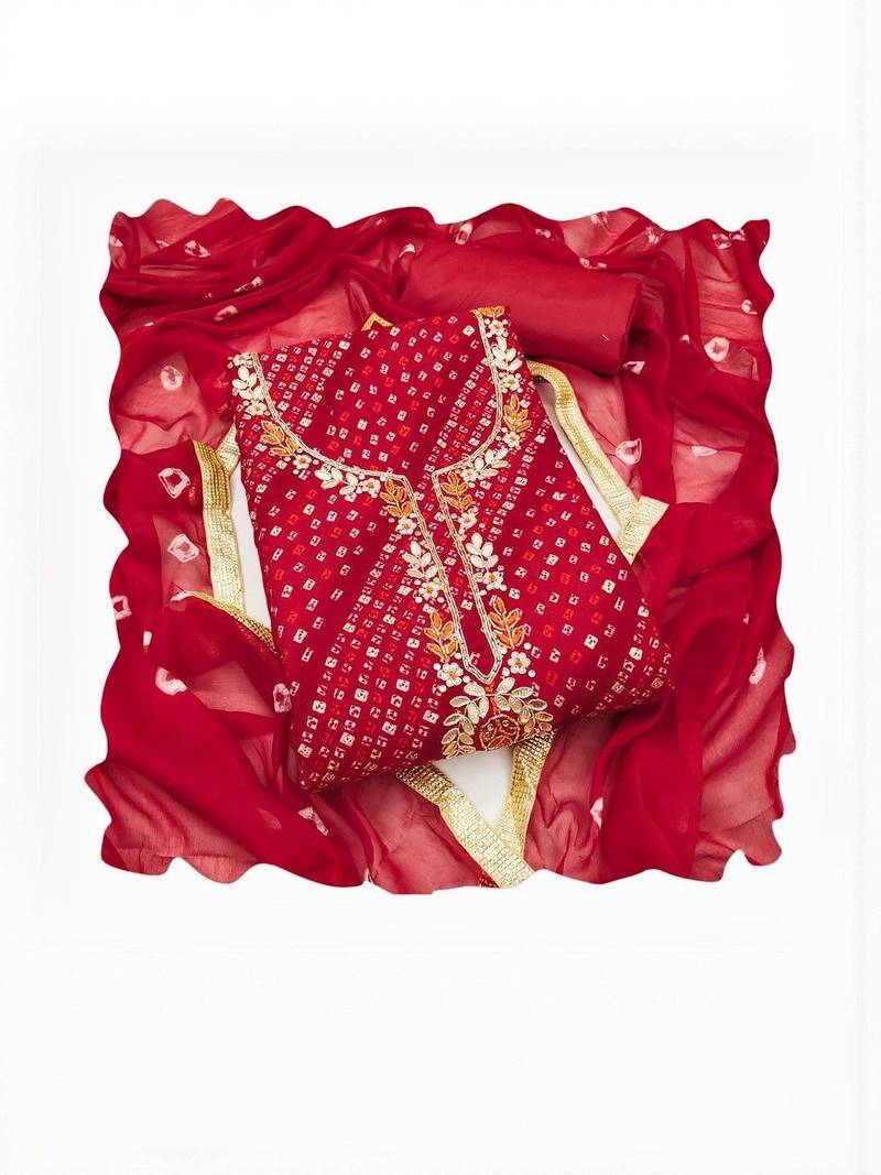 Cotton Blend Red Embellished Dress Material