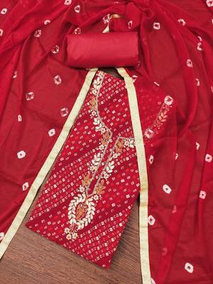 Cotton Blend Red Embellished Dress Material 2