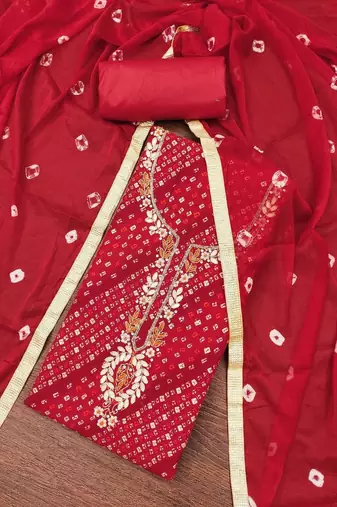 Cotton Blend Red Embellished Dress Material