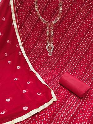 Cotton Blend Red Embellished Dress Material 4