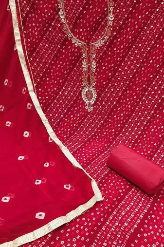 Cotton Blend Red Embellished Dress Material