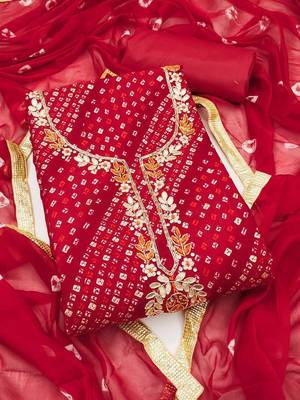 Cotton Blend Red Embellished Dress Material 5