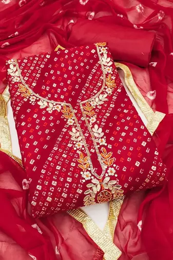 Cotton Blend Red Embellished Dress Material