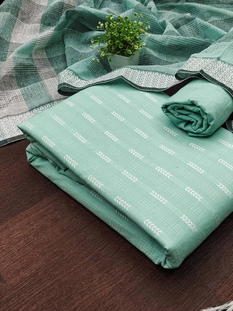 Women Sea Green Woven Design Geometric Dress Material