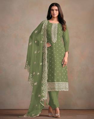 Pista green Heavy Organza Fabric Embroidery Sequence Work salwar suit collection un stitched 1