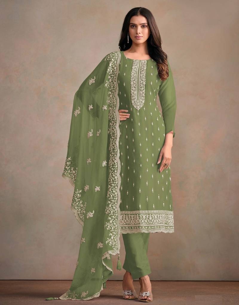 Pista green Heavy Organza Fabric Embroidery Sequence Work salwar suit collection un stitched