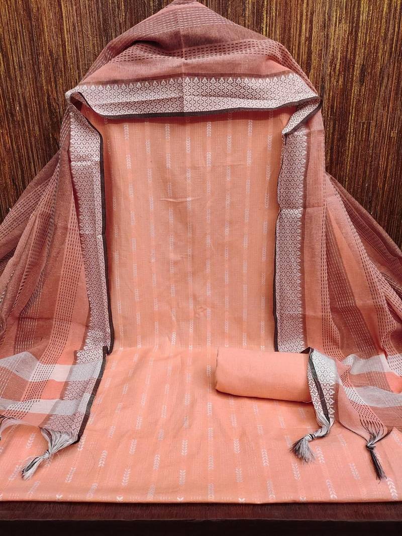 Women Peach Woven Design Geometric Dress Material