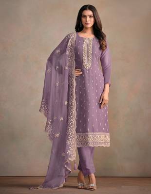Lavender Heavy Organza Fabric Embroidery Sequence Work salwar suit collection un stitched 1