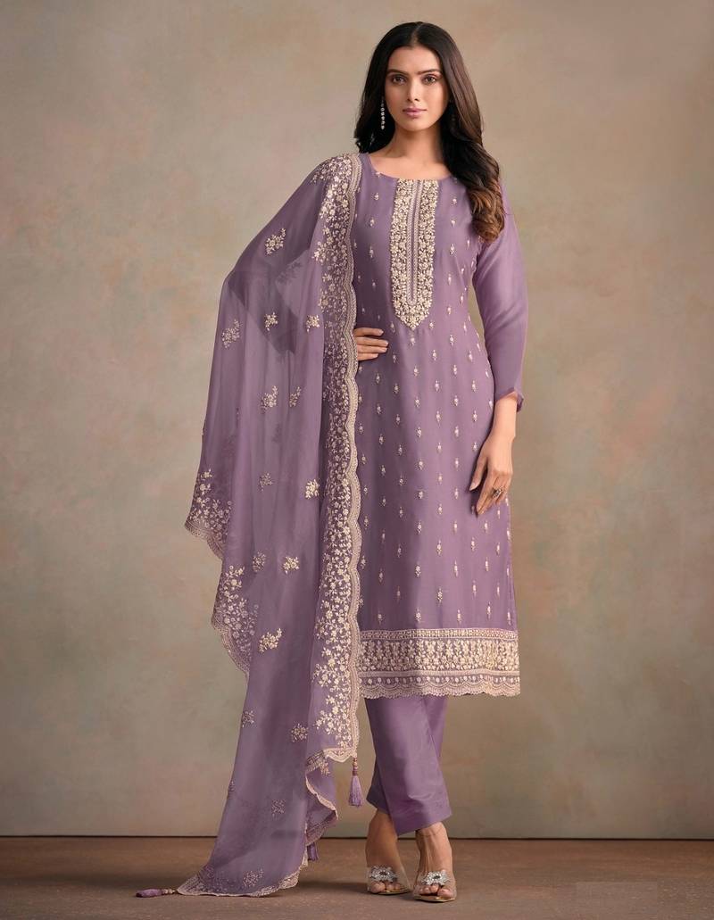 Lavender Heavy Organza Fabric Embroidery Sequence Work salwar suit collection un stitched