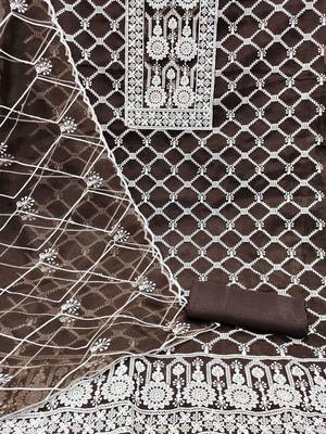 Floral Embroidered Thread Work Organza Unstitched Dress Material 3