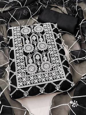 floral embroidered thread work organza unstitched dress material 1
