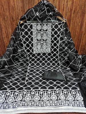 floral embroidered thread work organza unstitched dress material 2
