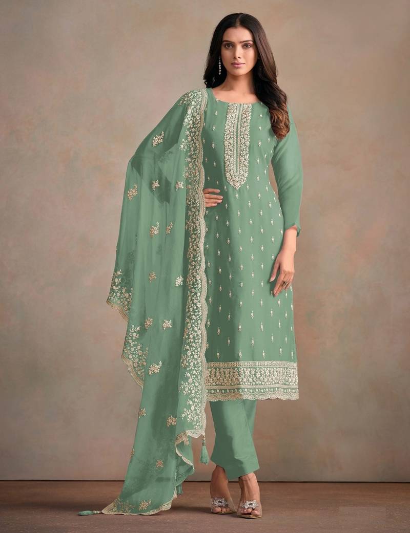 Green Heavy Organza Fabric Embroidery Sequence Work salwar suit collection un stitched