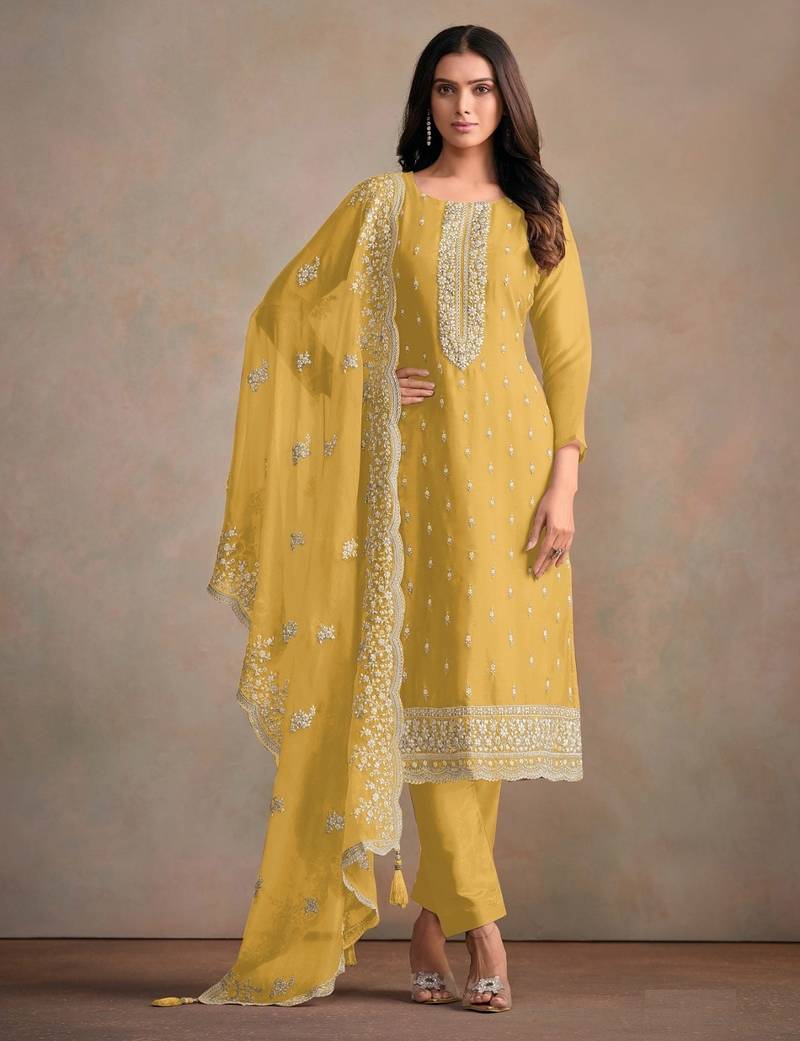 Yellow Heavy Organza Fabric Embroidery Sequence Work salwar suit collection un stitched