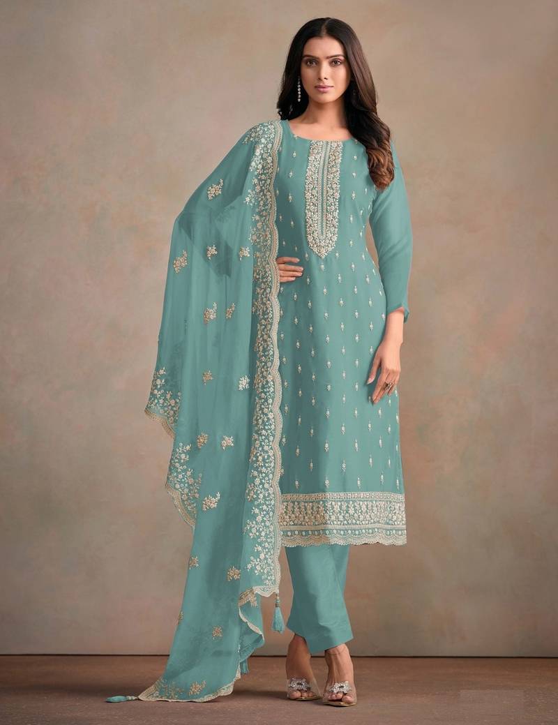 Sky blue Heavy Organza Fabric Embroidery Sequence Work salwar suit collection un stitched