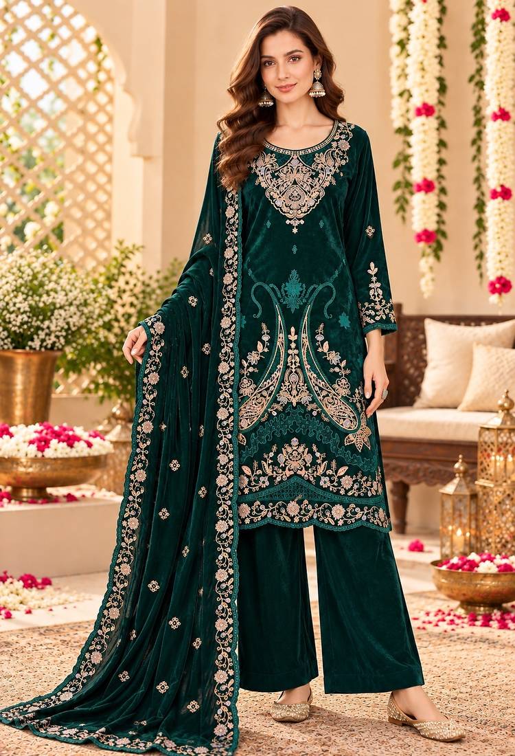 Green Heavy Velvet Fabric Embroidery Sequence Work salwar suit collection un stitched