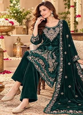 Green Heavy Velvet Fabric Embroidery Sequence Work salwar suit collection un stitched 2
