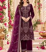 Purple Heavy Velvet Fabric Embroidery Sequence Work salwar suit collection un stitched