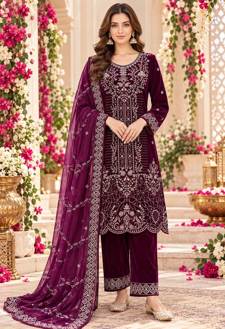 Purple Heavy Velvet Fabric Embroidery Sequence Work salwar suit collection un stitched