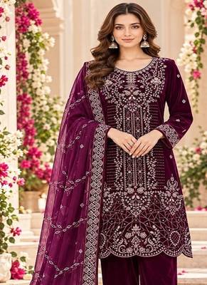 Purple Heavy Velvet Fabric Embroidery Sequence Work salwar suit collection un stitched 2