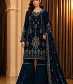  Blue Velvet Fabric Embroidery Sequence Work salwar suit collection un stitched