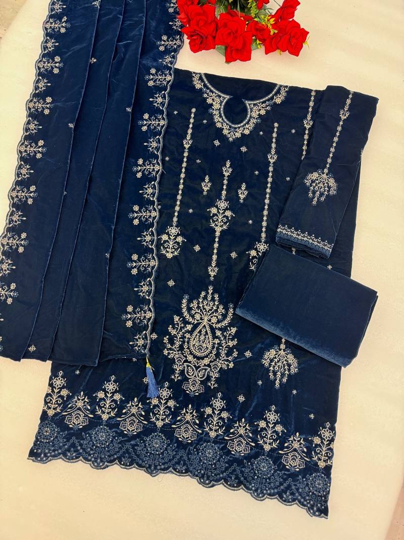  Blue Velvet Fabric Embroidery Sequence Work salwar suit collection un stitched