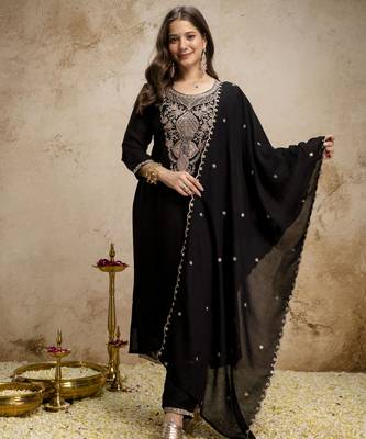  Embroidery Work Vichitra Straight Kurta Pant and Dupatta Set 1