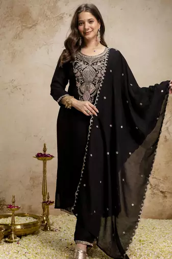 Embroidery Work Vichitra Straight Kurta Pant and Dupatta Set